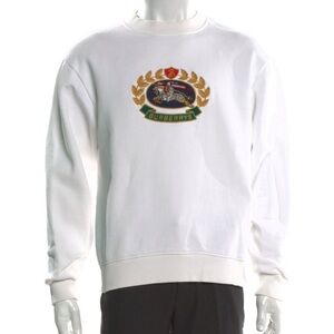Burberry White Crewneck Sweater with Embroidered Emblem